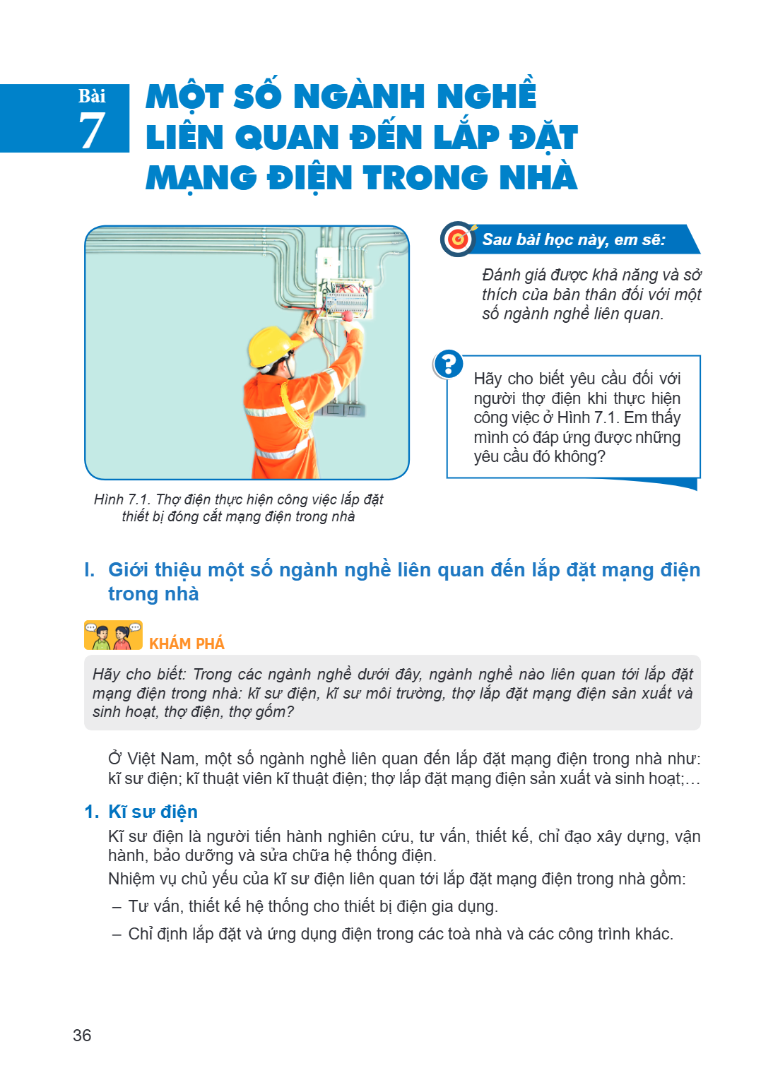 Bài 7. Một số ngành nghề liên quan đến lắp đặt mạng điện trong nhà Hình 7.1. Thợ điện thực hiện công việc lắp đặt thiết bị đóng cắt mạng điện trong nhà Sau bài 