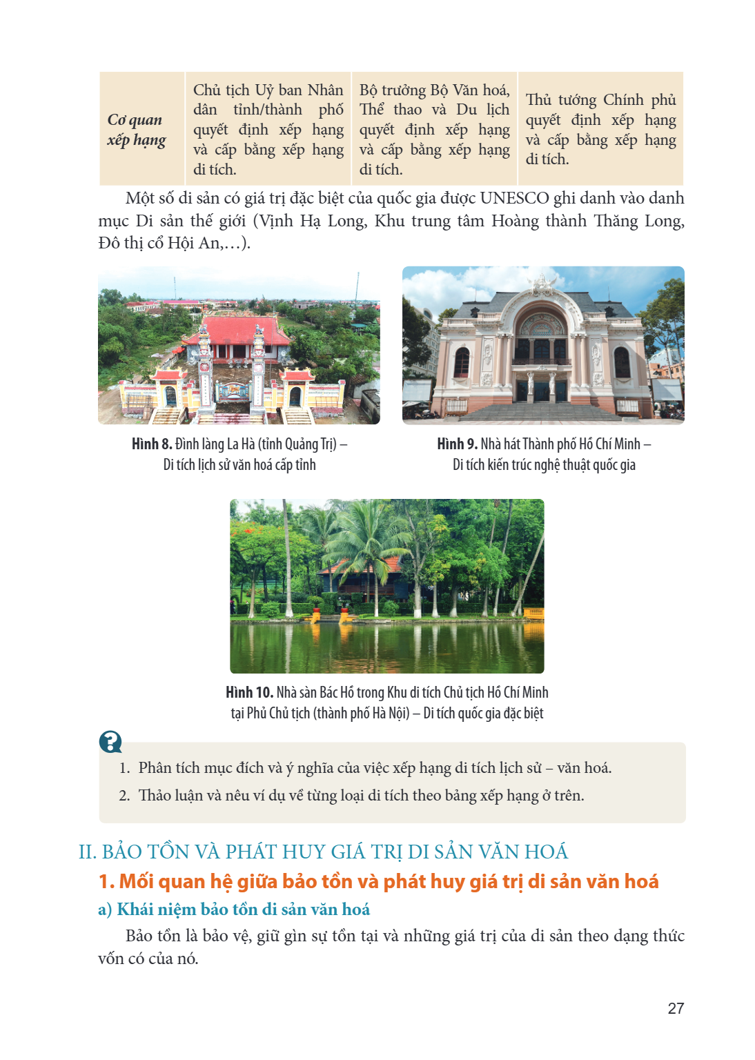 Cơ quan xếp hạng, Chủ tịch Uỷ ban Nhân dân tỉnh/thành phố quyết định xếp hạng và cấp bằng xếp hạng di tích., Bộ trưởng Bộ Văn hoá, Thể thao và Du lịch quyết địn