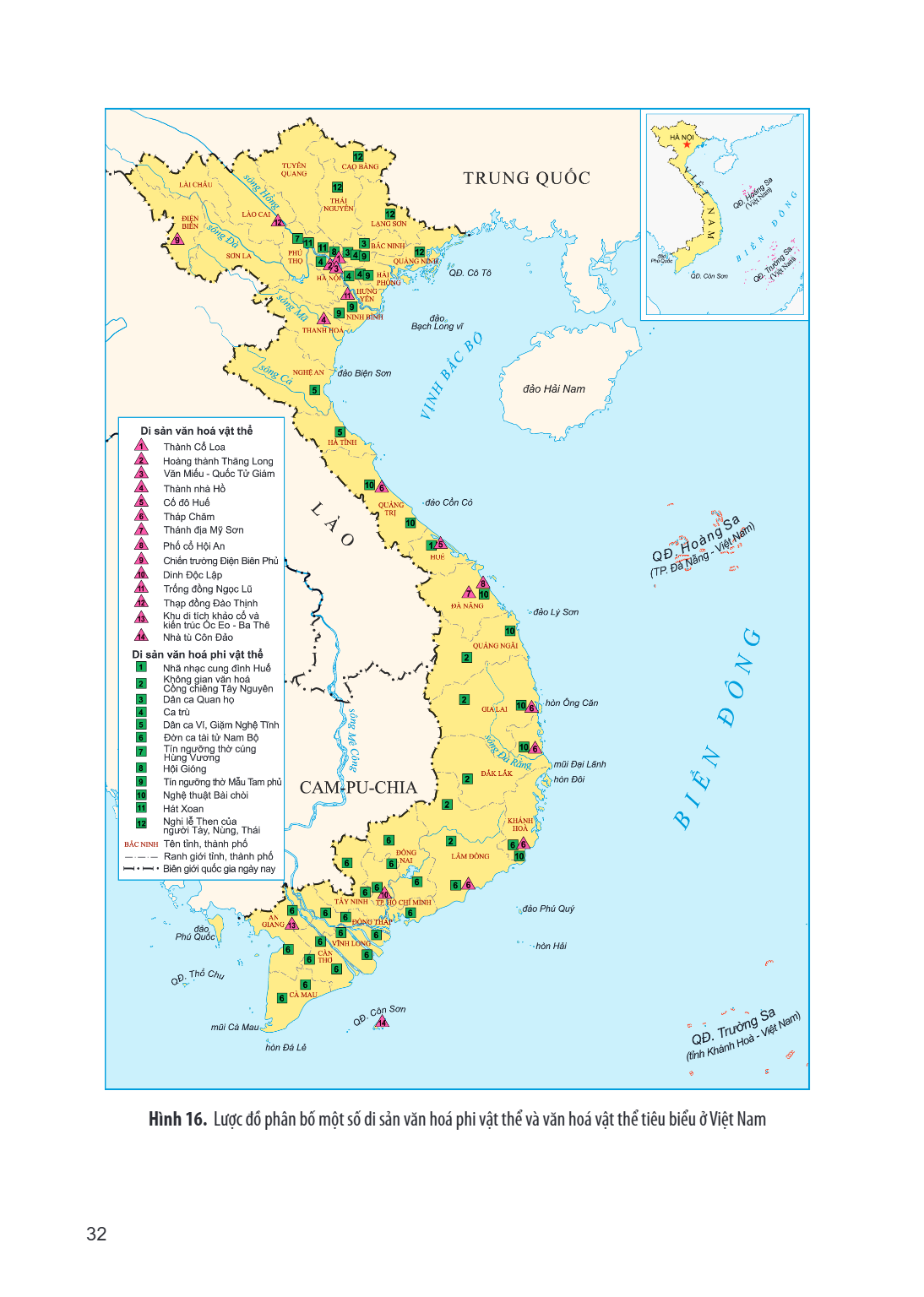 Hình 16. Lược đồ phân bố một số di sản văn hoá phi vật thể và văn hoá vật thể tiêu biểu ở Việt Nam