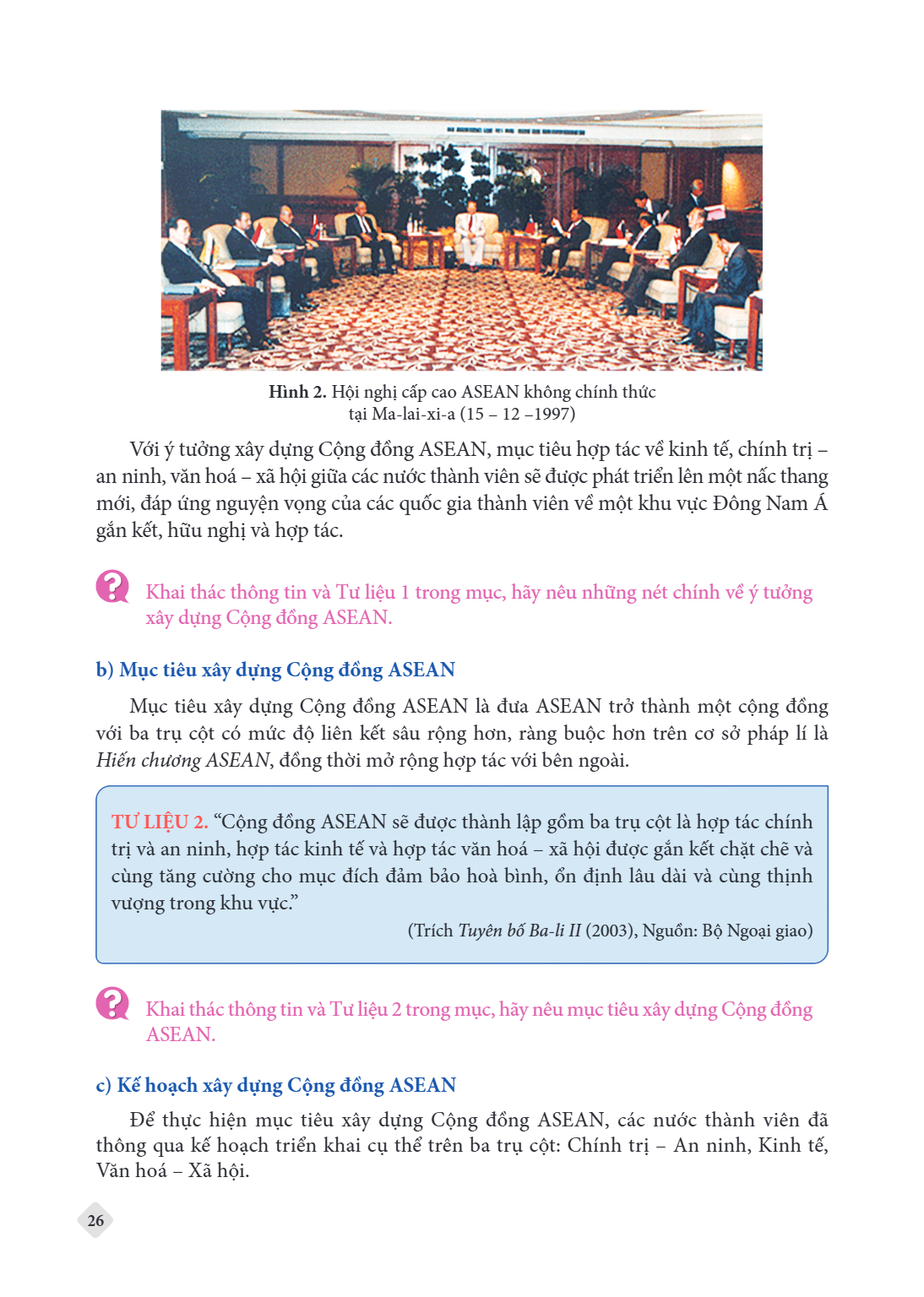 Hình 2. Hội nghị cấp cao ASEAN không chính thức tại Ma-lai-xi-a (15 - 12 -1997) Với ý tưởng xây dựng Cộng đồng ASEAN, mục tiêu hợp tác về kinh tế, chính trị - a