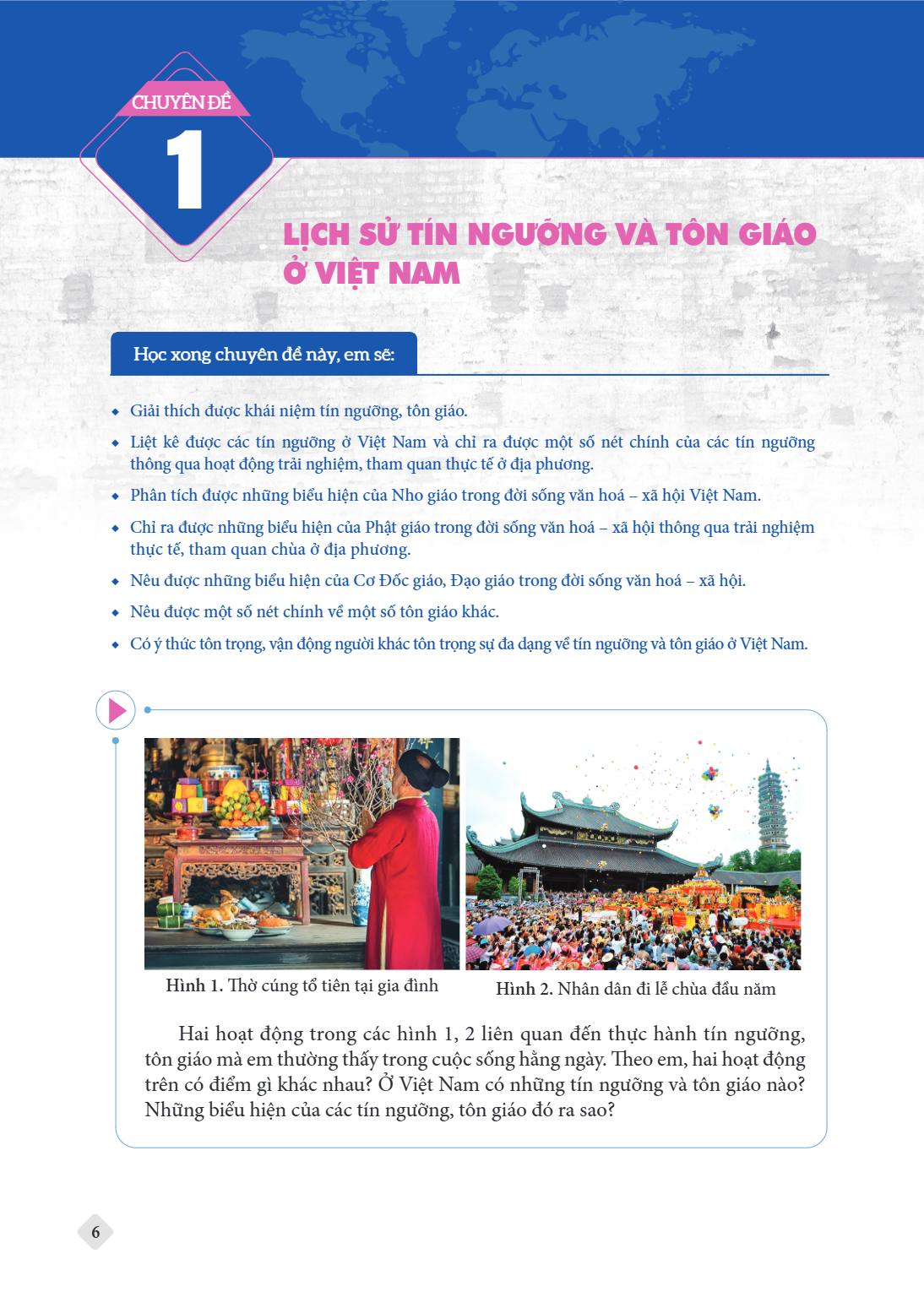 CHUYÊN ĐỀ 1 LỊCH SỬ TÍN NGƯỠNG VÀ TÔN GIÁO Ở VIỆT NAM Học xong chuyên đề này, em sẽ: Giải thích được khái niệm tín ngưỡng, tôn giáo. Liệt kê được các tín ngưỡng