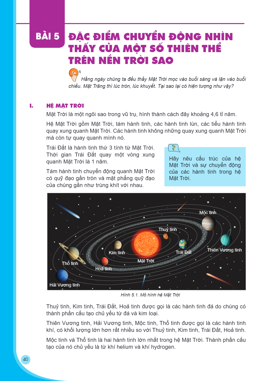Bài 5. Đặc điểm chuyển động nhìn thấy của một số thiên thể trên nền trời sao Hằng ngày chúng ta đều thấy Mặt Trời mọc vào buổi sáng và lặn vào buổi chiều. Mặt T