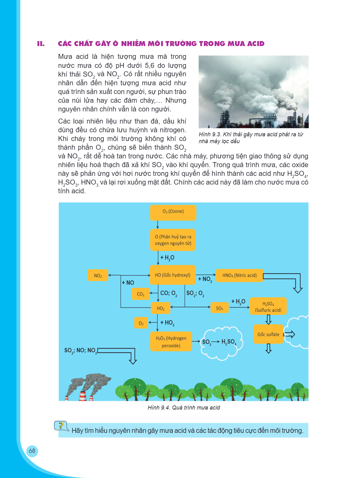 II. CÁC CHẤT GÂY Ô NHIỄM MÔI TRƯỜNG TRONG MƯA ACID Mưa acid là hiện tượng mưa mà trong nước mưa có độ pH dưới 5,6 do lượng khí thải $SO_2$ và $NO_2$. Có rất nhi