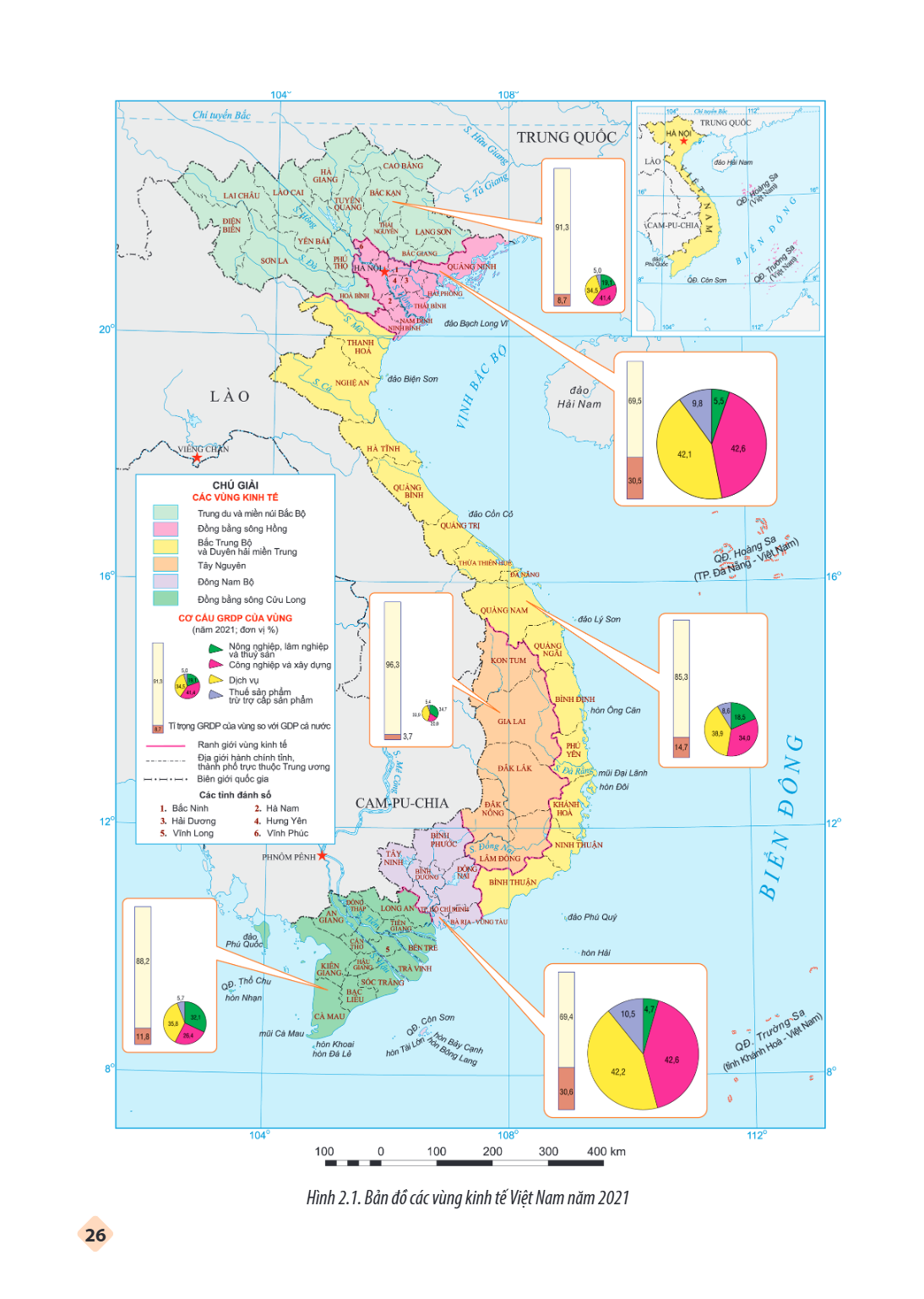 Hình 2.1. Bản đồ các vùng kinh tế Việt Nam năm 2021