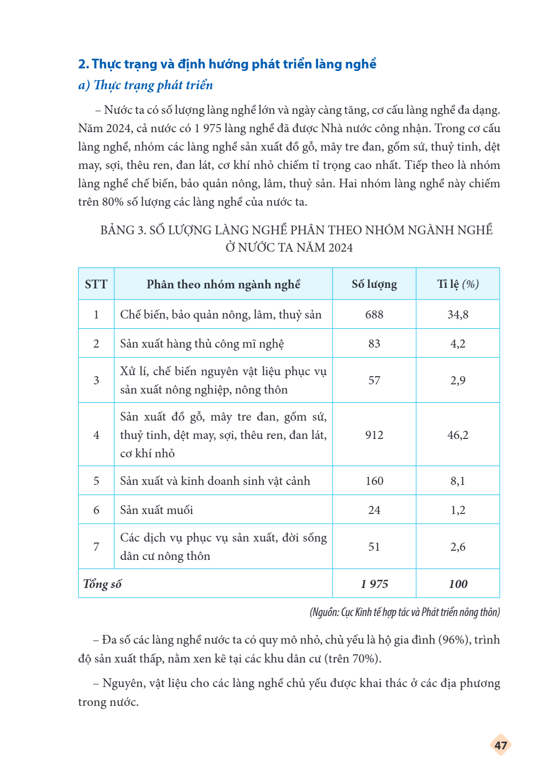 2. Thực trạng và định hướng phát triển làng nghề a) Thực trạng phát triển – Nước ta có số lượng làng nghề lớn và ngày càng tăng, cơ cấu làng nghề đa dạng. Năm 2