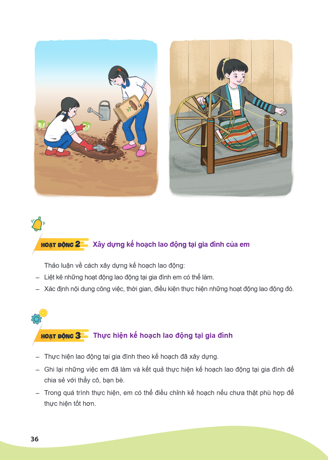 Hoạt động 2 Xây dựng kế hoạch lao động tại gia đình của em Thảo luận về cách xây dựng kế hoạch lao động: - Liệt kê những hoạt động lao động tại gia đình em có t