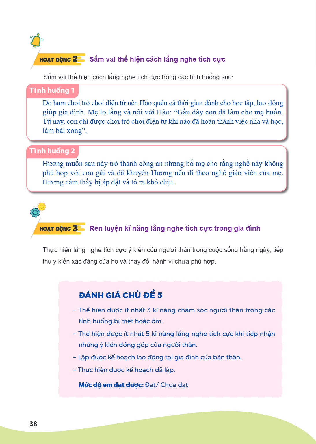 Hoạt động 2 Sắm vai thể hiện cách lắng nghe tích cực Sắm vai thể hiện cách lắng nghe tích cực trong các tình huống sau: Tình huống 1 Do ham chơi trò chơi điện t