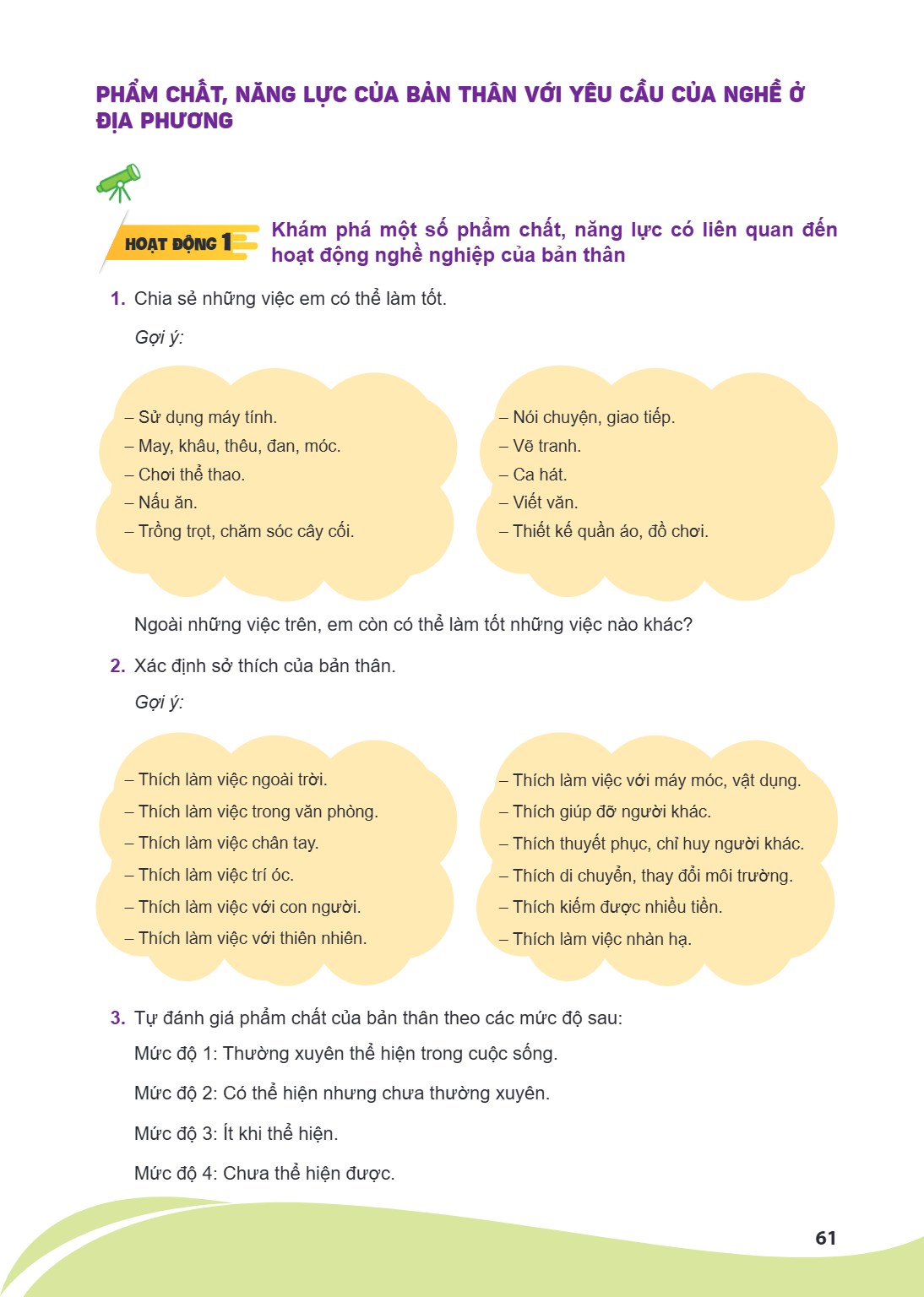 phẩm chất, năng lực của bản thân với yêu cầu của nghề ở địa phương 1 Khám phá một số phẩm chất, năng lực có liên quan đến Hoạt động hoạt động nghề nghiệp của bả
