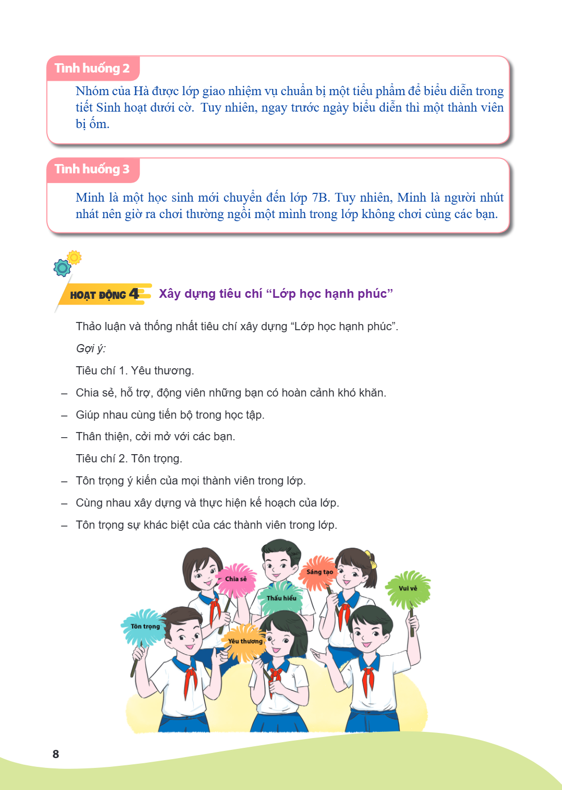 Tình huống 2 Nhóm của tiết Sinh hoạt bị ốm., Hà được lớp giao nhiệm vụ chuẩn bị một tiểu phẩm để biểu diễn trong dưới cờ. Tuy nhiên, ngay trước ngày biểu diễn t