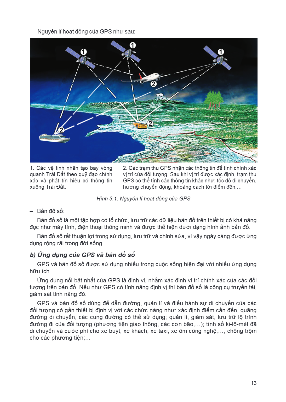 Nguyên lí hoạt động của GPS như sau: Các vệ tinh nhân tạo bay vòng 2. Các trạm thu GPS nhận các thông tin để tính chính xác quanh Trái Đất theo quỹ đạo chính vị