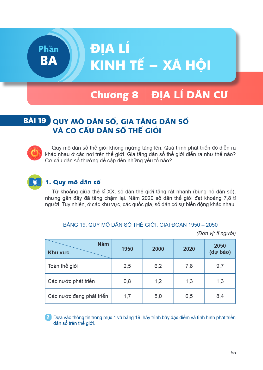 Chương 8. ĐỊA LÍ DÂN CƯ Bài 19. Quy mô dân số, gia tăng dân số và cơ cấu dân số thế giới Quy mô dân số thế giới không ngừng tăng lên. Quá trình phát triển đó di