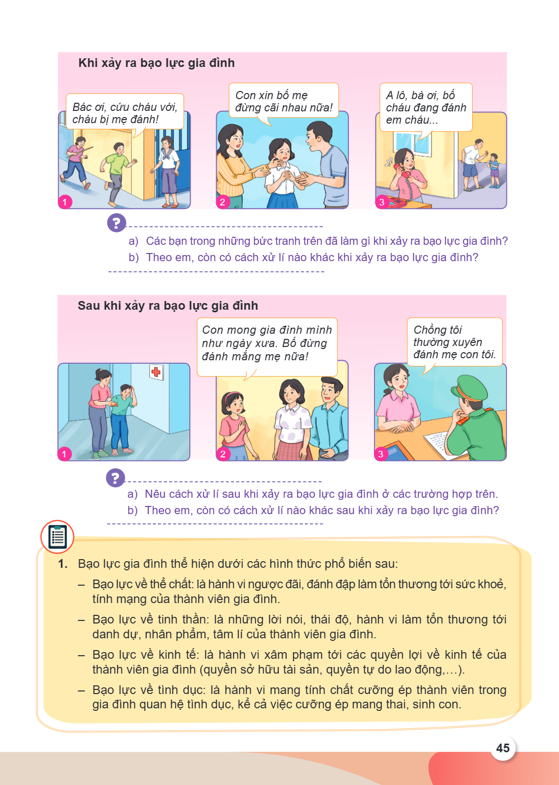 Khi xảy ra bạo lực gia đình Bác ơi, cứu cháu với, cháu bị mẹ đánh! Con xin bố mẹ đừng cãi nhau nữa! A lô, bà ơi, bố cháu đang đánh em cháu... ? a) Các bạn trong
