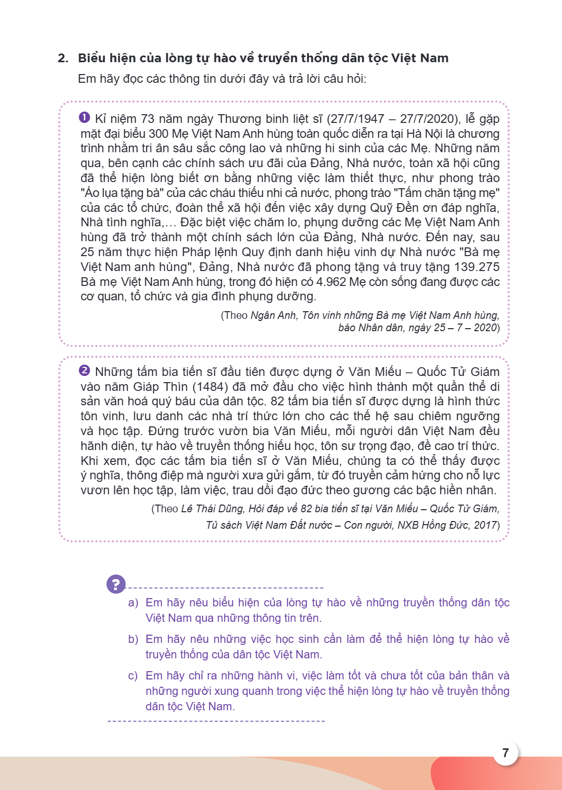 2. Biểu hiện của lòng tự hào về truyền thống dân tộc Việt Nam Em hãy đọc các thông tin dưới đây và trả lời câu hỏi:  Kỉ niệm 73 năm ngày Thương binh liệt sĩ (2