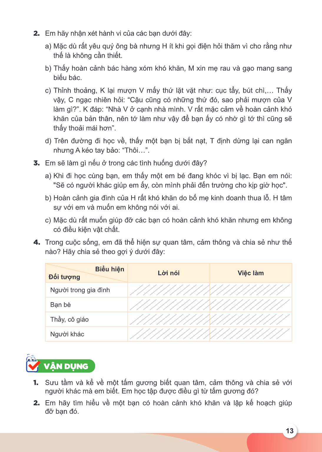 2. Em hãy nhận xét hành vi của các bạn dưới đây: a) Mặc dù rất yêu quý ông bà nhưng H ít khi gọi điện hỏi thăm vì cho rằng như thế là không cần thiết. b) Thấy h
