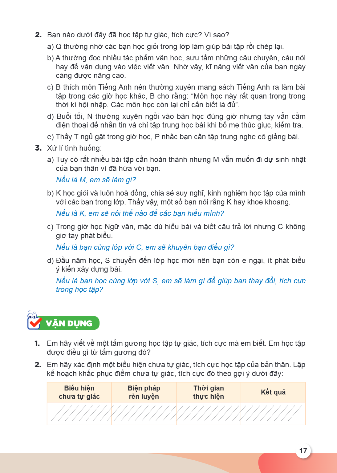 2. Bạn nào dưới đây đã học tập tự giác, tích cực? Vì sao? a) Q thường nhờ các bạn học giỏi trong lớp làm giúp bài tập rồi chép lại. b) A thường đọc nhiều tác ph