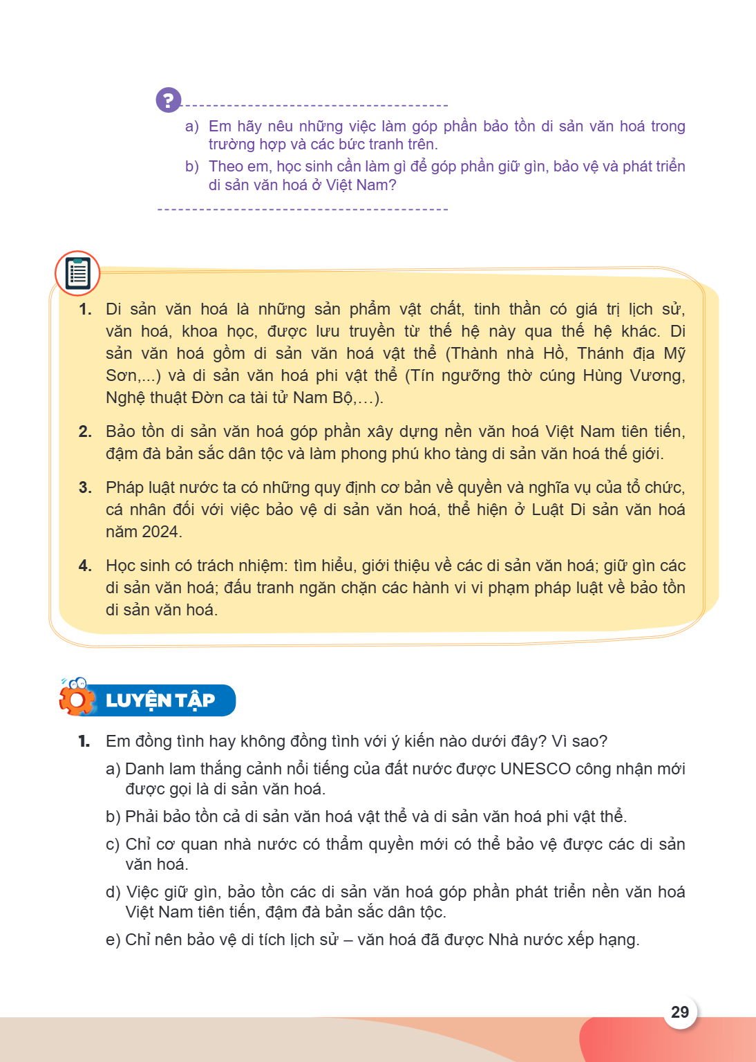 a) Em hãy nêu những việc làm góp phần bảo tồn di sản văn hoá trong trường hợp và các bước tranh trên. b) Theo em, học sinh cần làm gì để góp phần giữ gìn, bảo v