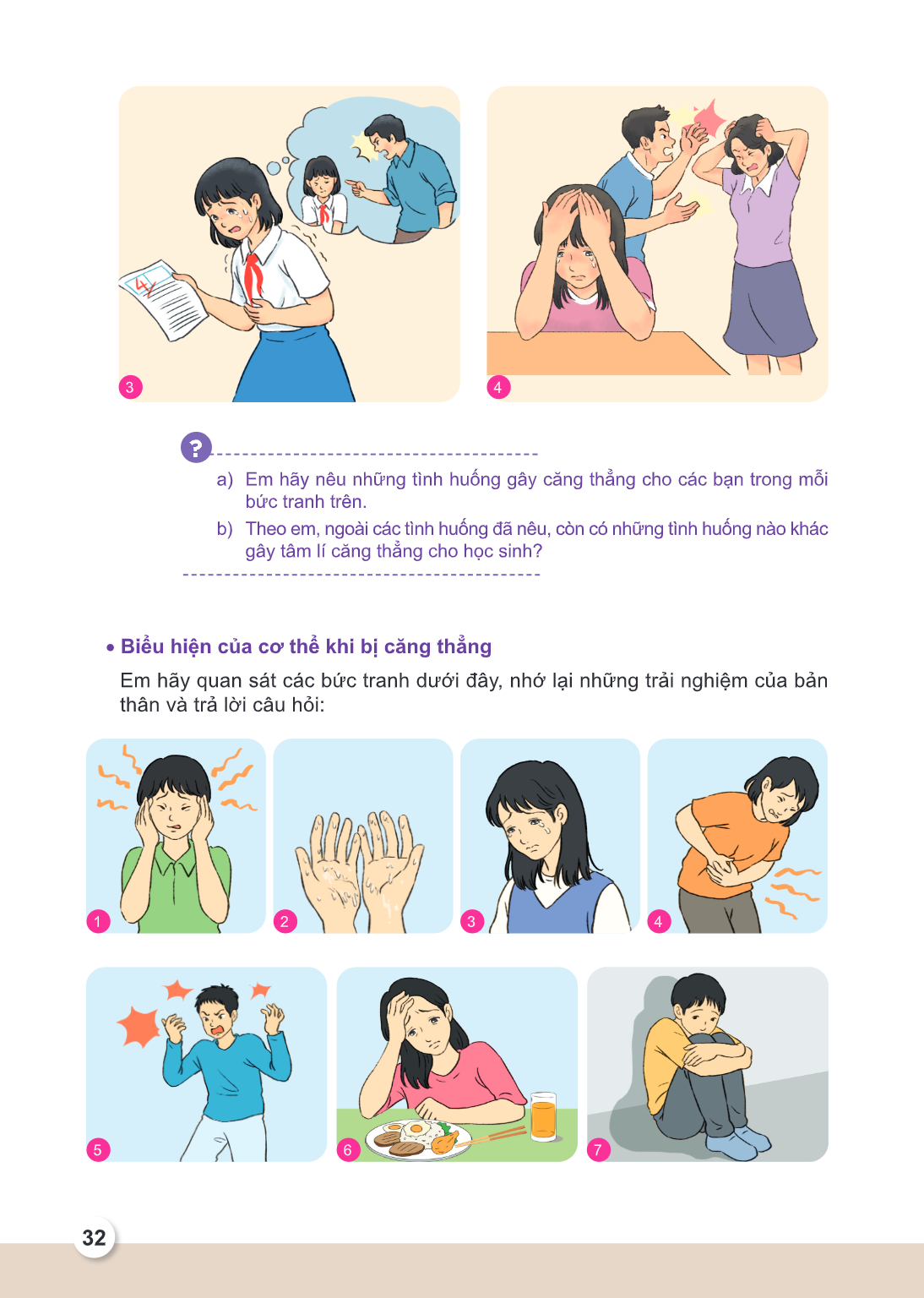 a) Em hãy nêu những tình huống gây căng thẳng cho các bạn trong mỗi bức tranh trên. b) Theo em, ngoài các tình huống đã nêu, còn có những tình huống nào khác gâ
