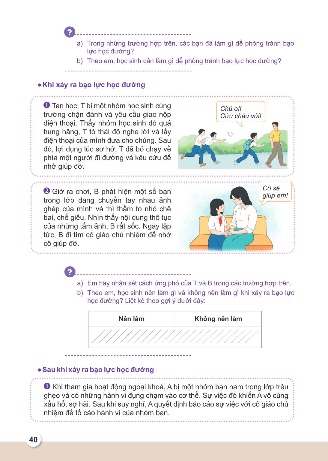 a) Trong những trường hợp trên, các bạn đã làm gì để phòng tránh bạo lực học đường? b) Theo em, học sinh cần làm gì để phòng tránh bạo lực học đường? Khi xảy ra