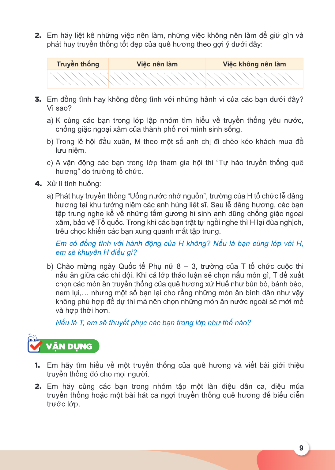 Em hãy liệt kê những việc nên làm, những việc không nên làm để giữ gìn và phát huy truyền thống tốt đẹp của quê hương theo gợi ý dưới đây: Truyền thống, Việc nê