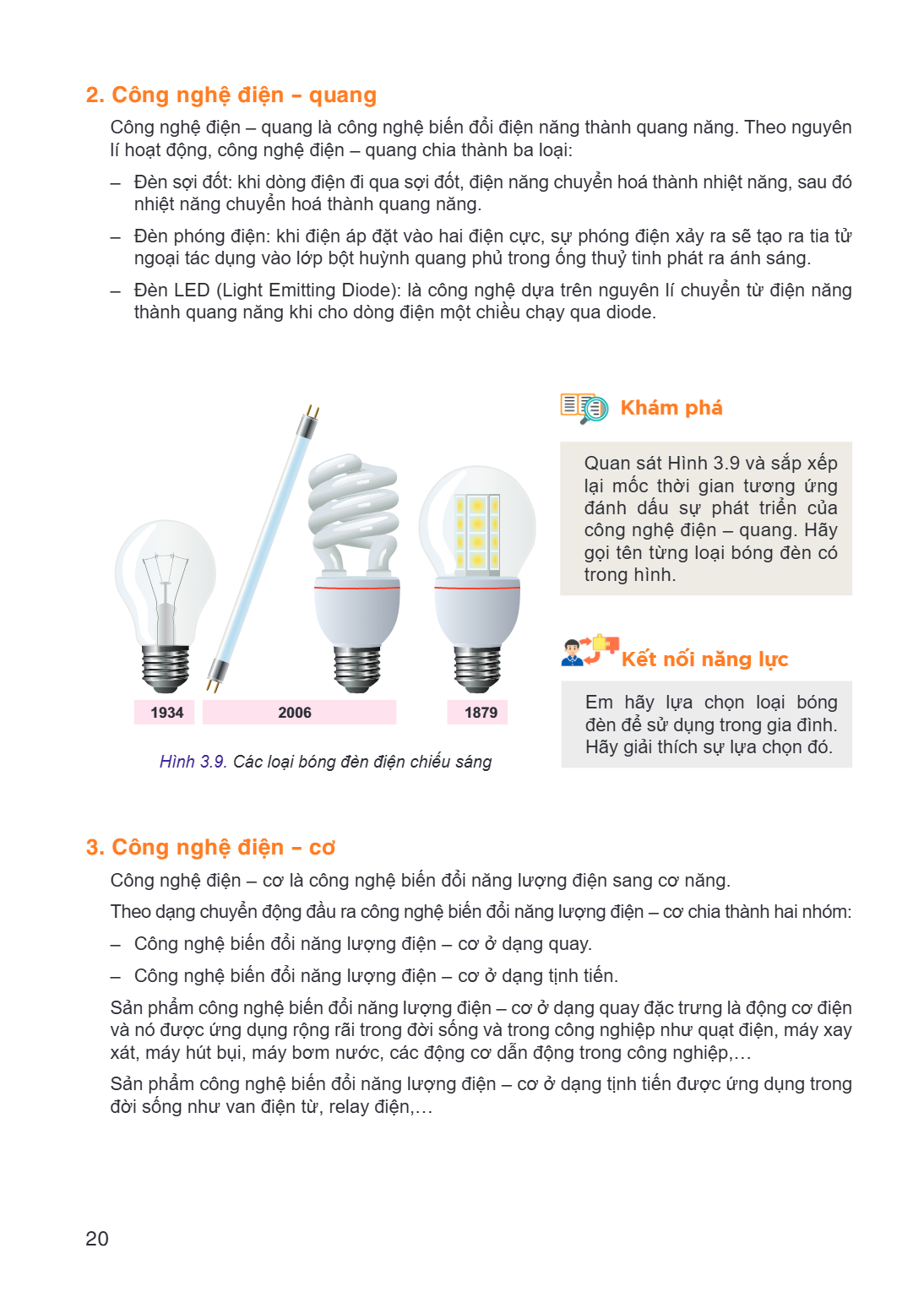 2. Công nghệ điện – quang Công nghệ điện – quang là công nghệ biến đổi điện năng thành quang năng. Theo nguyên lí hoạt động, công nghệ điện – quang chia thành b