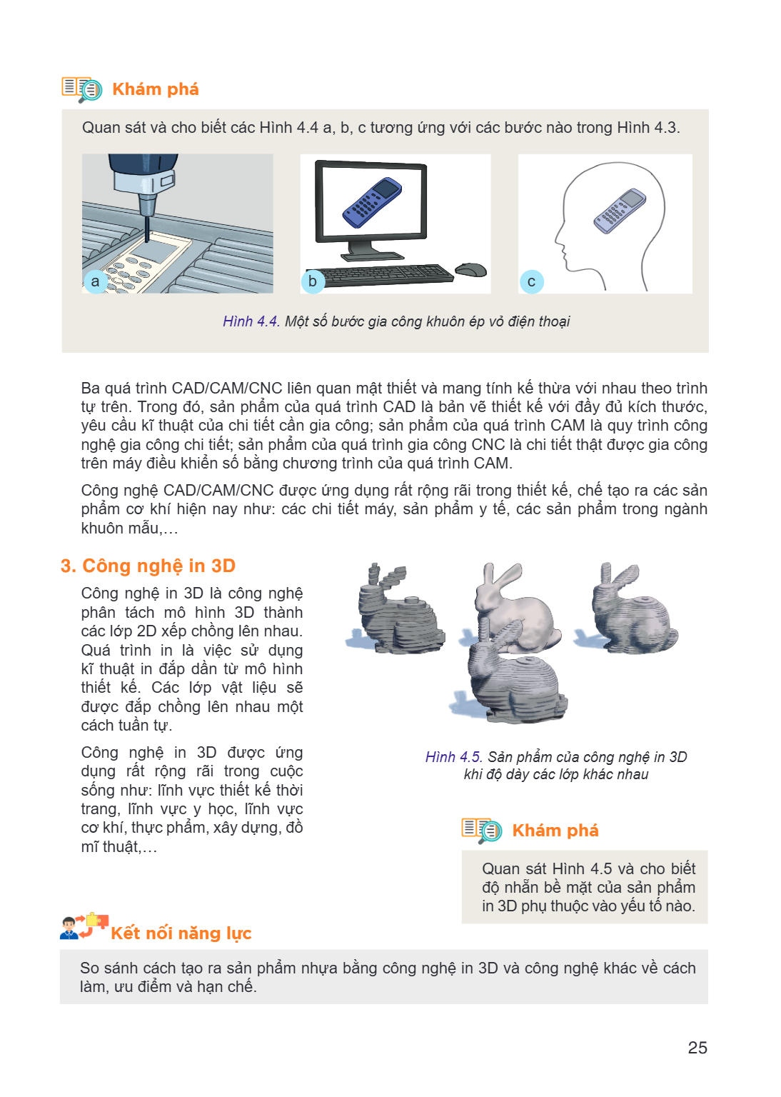 Khám phá Quan sát và cho biết các Hình 4.4 a, b, c tương ứng với các bước nào trong Hình 4.3. a b c Hình 4.4. Một số bước gia công khuôn ép vỏ điện thoại Ba quá