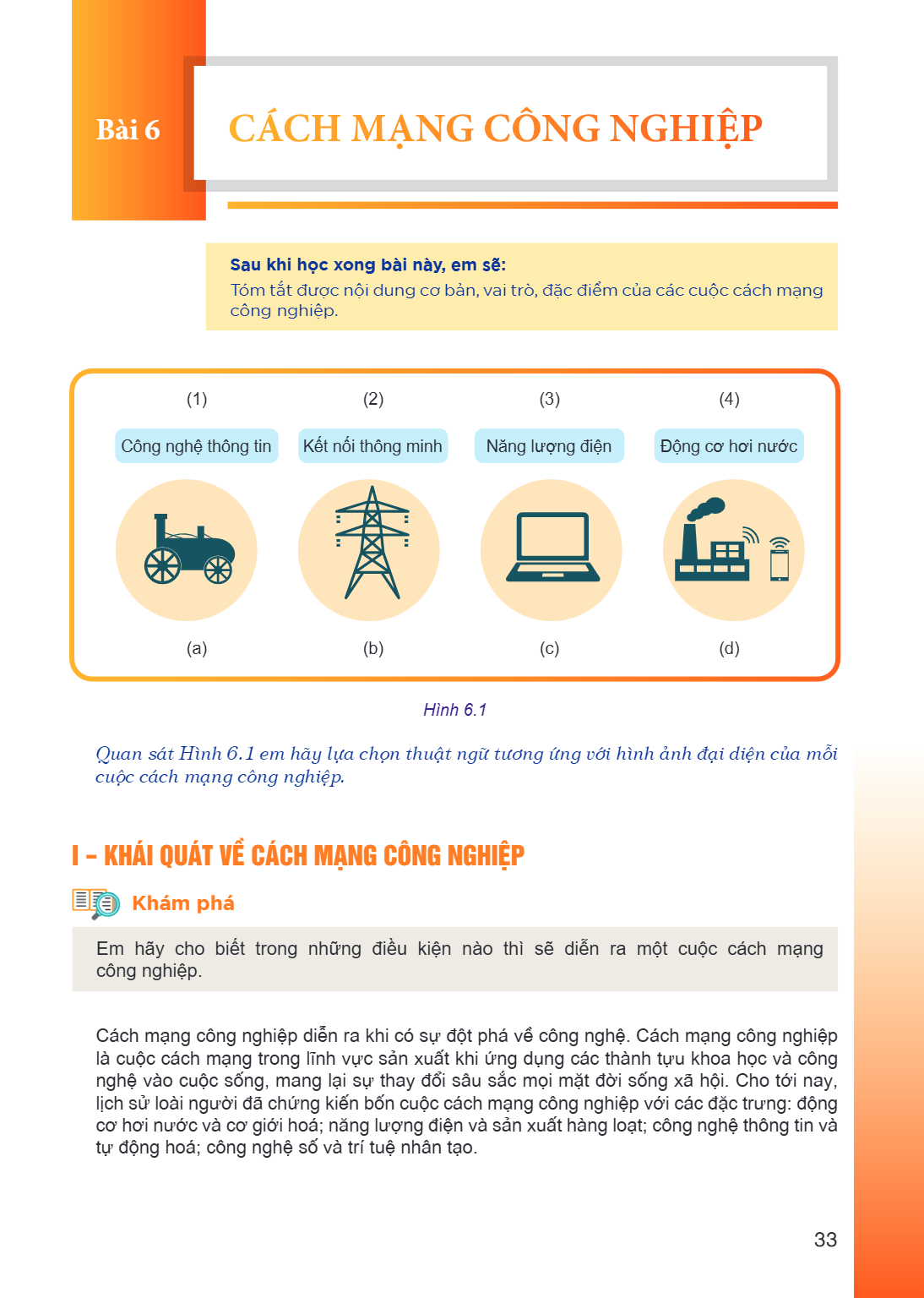 Bài 6. Cách mạng công nghiệp Học xong bài này, em sẽ: Tóm tắt được nội dung cơ bản, vai trò, đặc điểm của các cuộc cách mạng công nghiệp. (1) Công nghệ thông ti