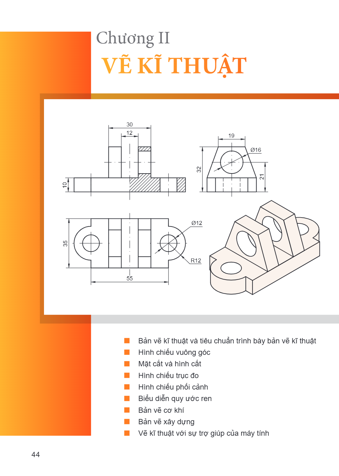 Chương II VẼ KĨ THUẬT Bản vẽ kĩ thuật và tiêu chuẩn trình bày bản vẽ kĩ thuật Hình chiếu vuông góc Mặt cắt và hình cắt Hình chiếu trục đo Hình chiếu phối cảnh B