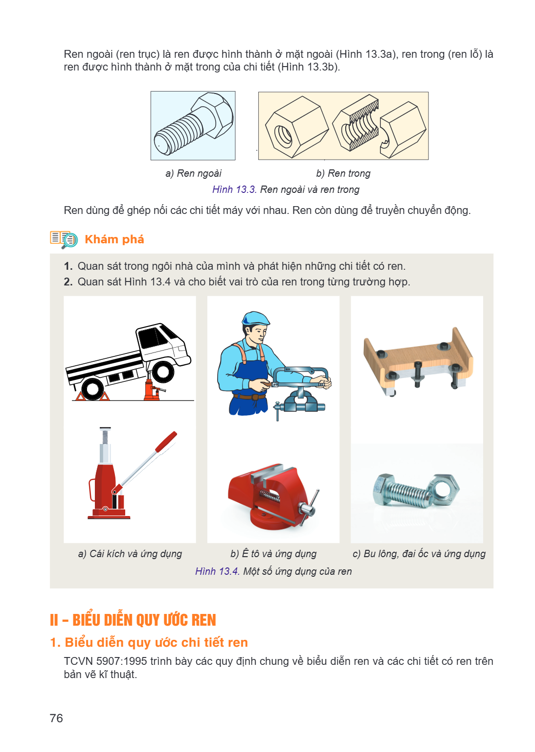 Ren ngoài (ren trục) là ren được hình thành ở mặt ngoài (Hình 13.3a), ren trong (ren lỗ) là ren được hình thành ở mặt trong của chi tiết (Hình 13.3b). a) Ren ng