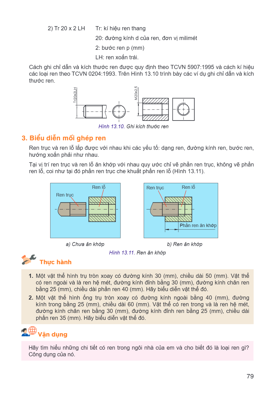 Tr 20 x 2 LH Tr: kí hiệu ren thang 20: đường kính d của ren, đơn vị milimét 2: bước ren p (mm) LH: ren xoắn trái. Cách ghi chỉ dẫn và kích thước ren được quy đị