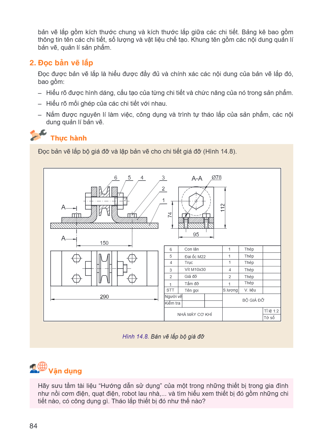 bản vẽ lắp gồm kích thước chung và kích thước lắp giữa các chi tiết. Bảng kê bao gồm thông tin tên các chi tiết, số lượng và vật liệu chế tạo. Khung tên gồm các