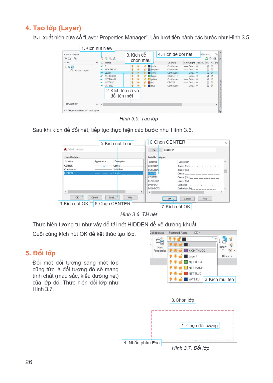 4. Tạo lớp (Layer) la↵, xuất hiện cửa sổ "Layer Properties Manager". Lần lượt tiến hành các bước như Hình 3.5. 1.Kích nút New 3.Kích để 4.Kích để đổi nét chọn m