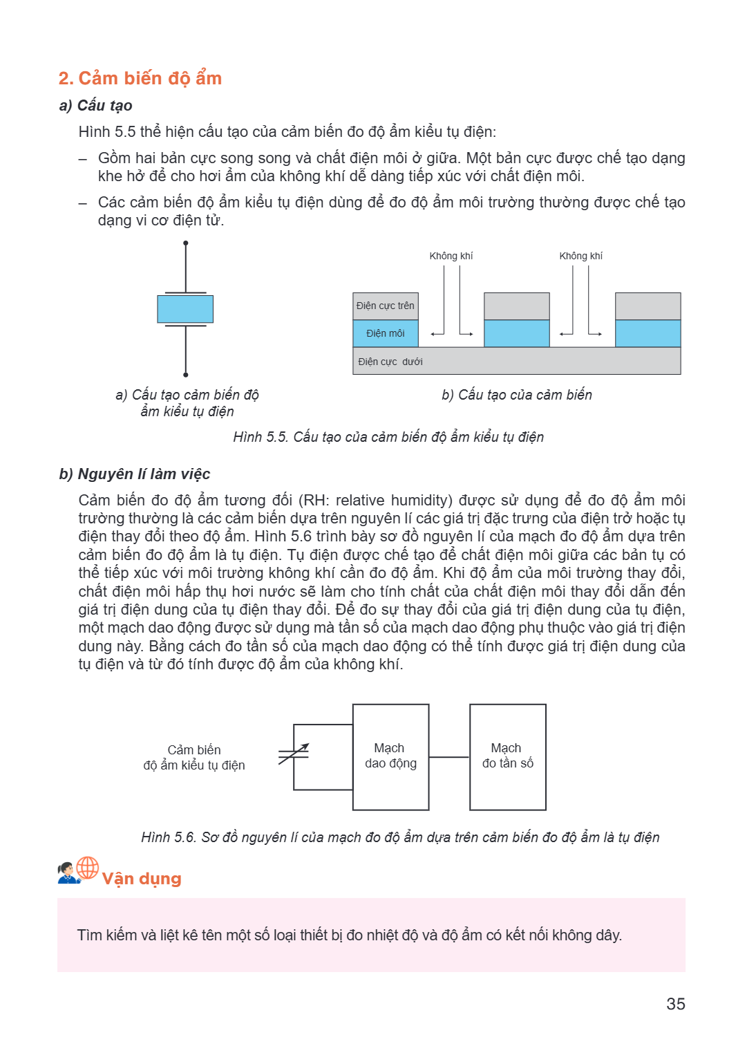 2. Cảm biến độ ẩm a) Cấu tạo Hình 5.5 thể hiện cấu tạo của cảm biến đo độ ẩm kiểu tụ điện: – Gồm hai bản cực song song và chất điện môi ở giữa. Một bản cực được