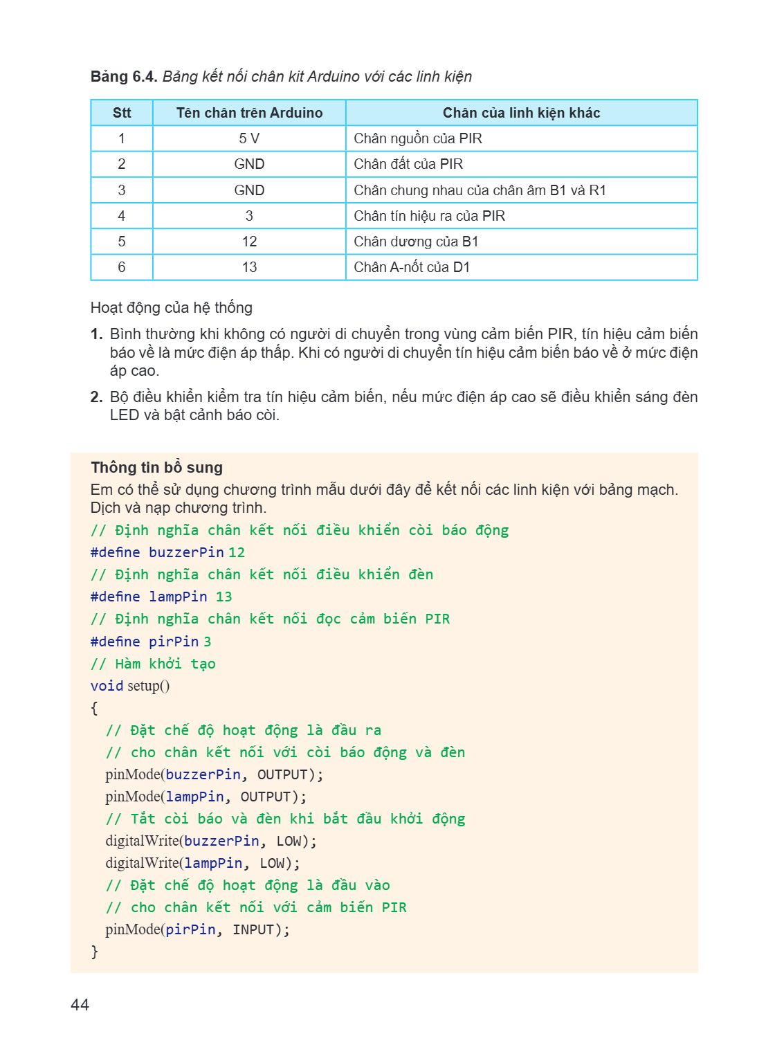 Bảng 6.4. Bảng kết nối chân kit Arduino với các linh kiện Stt, Tên chân trên Arduino, Chân của linh kiện khác 1, 5 V, Chân nguồn của PIR 2, GND, Chân đất của PI