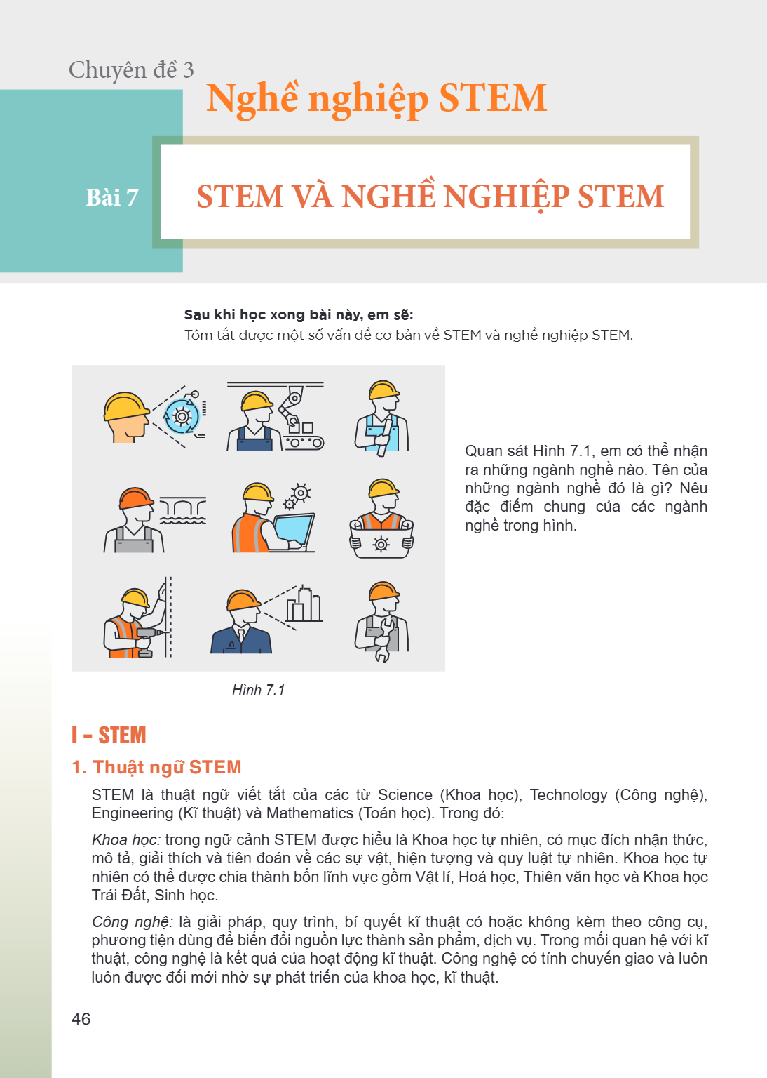 Chuyên đề 3 Nghề nghiệp STEM Bài 7. STEM và nghề nghiệp STEM Sau khi học xong bài này, em sẽ: Tóm tắt được một số vấn đề cơ bản về STEM và nghề nghiệp STEM. Hìn