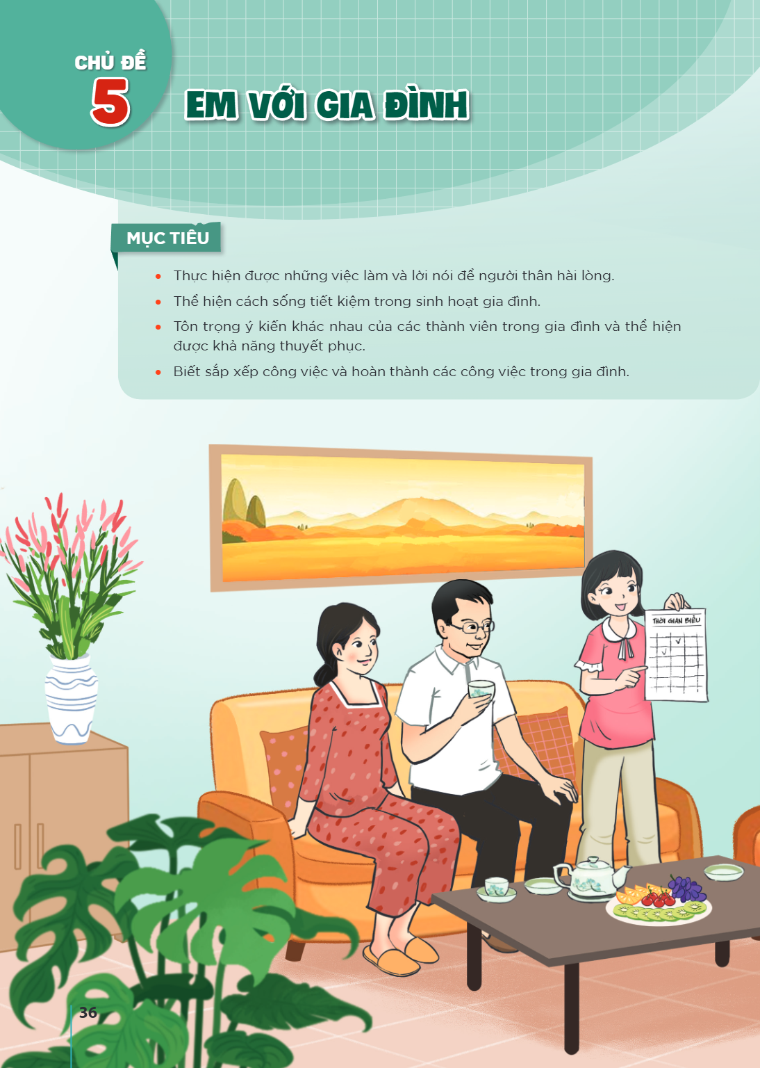 CHỦ ĐỀ 5. EM VỚI GIA ĐÌNH MỤC TIÊU: Thực hiện được những việc làm và lời nói để người thân hài lòng. Thể hiện cách sống tiết kiệm trong sinh hoạt gia đình. Tôn 