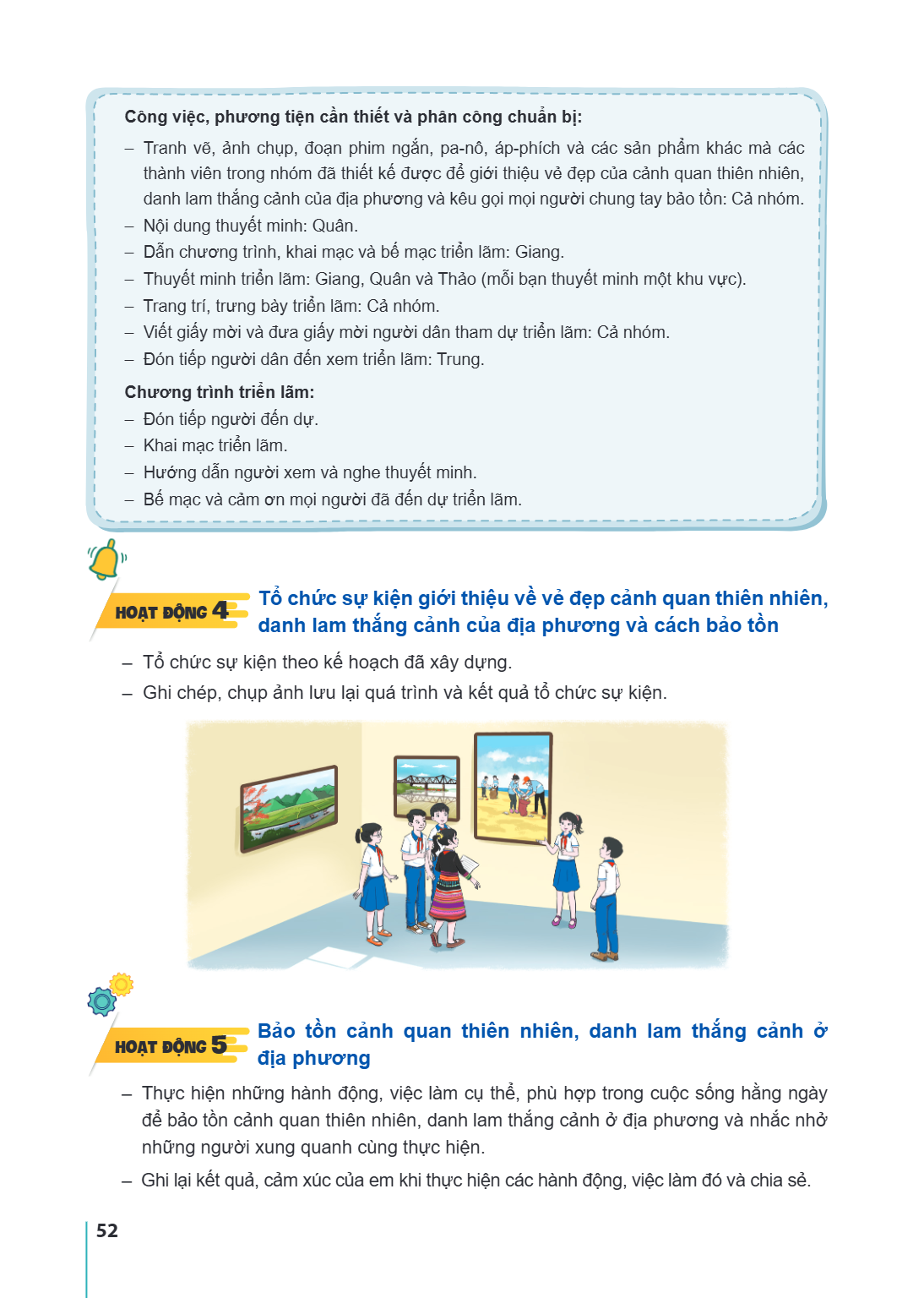 Công việc, phương tiện cần thiết và phân công chuẩn bị: Tranh vẽ, ảnh chụp, đoạn phim ngắn, pa-nô, áp-phích và các sản phẩm khác mà các thành viên trong nhóm đã