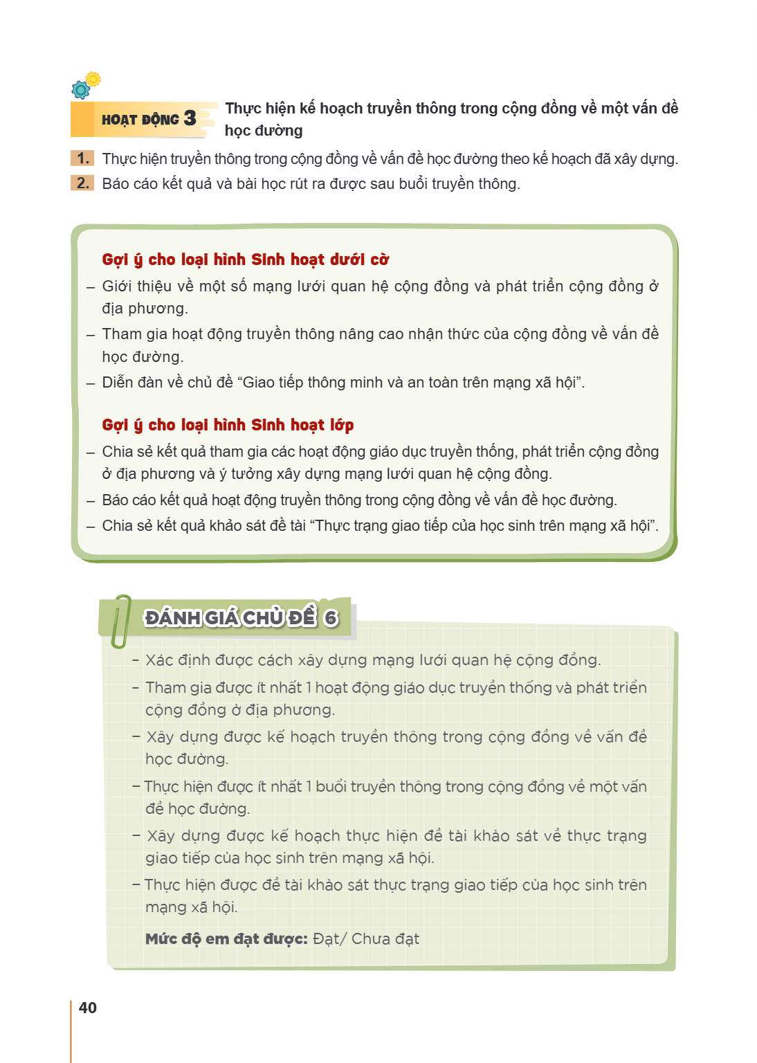 3 Thực hiện kế hoạch truyền thông trong cộng đồng về một vấn đề Hoạt động học đường Thực hiện truyền thông trong cộng đồng về vấn đề học đường theo kế hoạch đã 