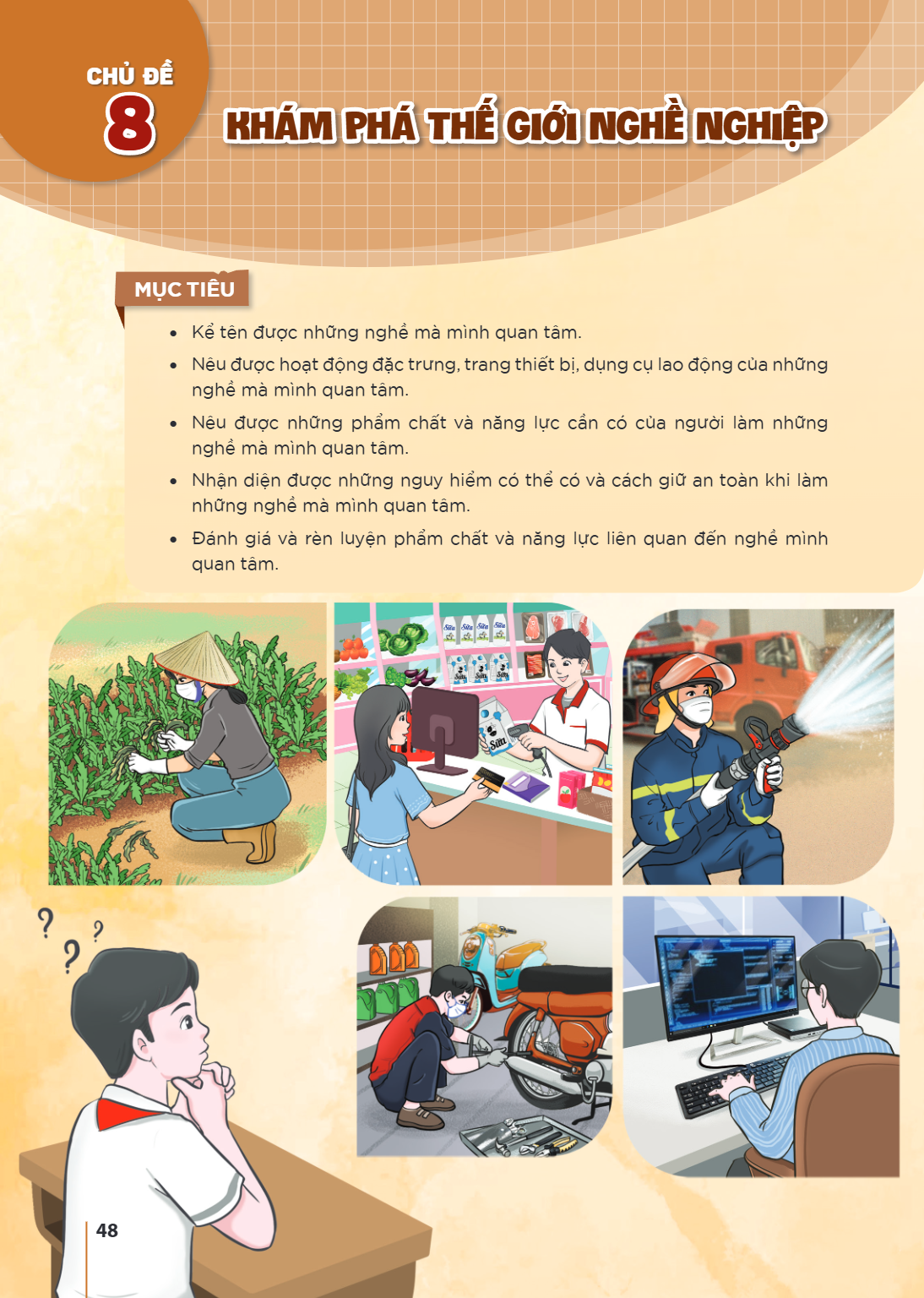 CHỦ ĐỀ 8 KHÁM PHÁ THẾ GIỚI NGHỀ NGHIỆP MỤC TIÊU Kể tên được những nghề mà mình quan tâm. Nêu được hoạt động đặc trưng, trang thiết bị, dụng cụ lao động của nhữn