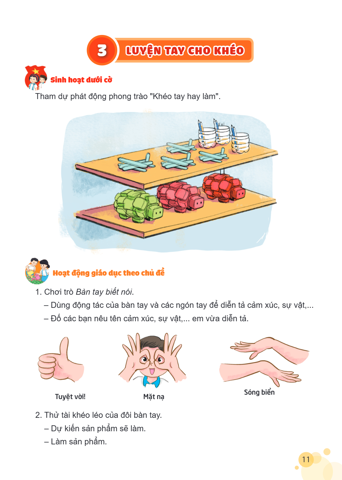 Bài 3. Luyện tay cho khéo Sinh hoạt dưới cờ Tham dự phát động phong trào "Khéo tay hay làm". Hoạt động giáo dục theo chủ đề Chơi trò Bàn tay biết nói. – Dùng độ