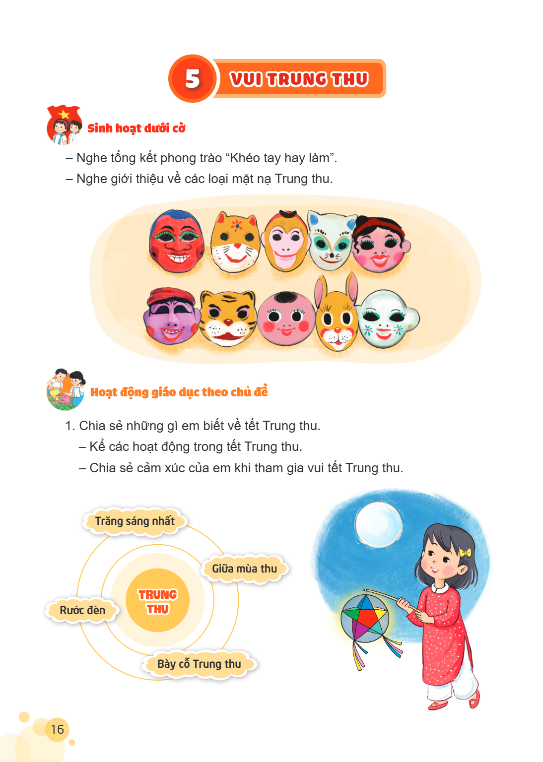 Bài 5. VUI TRUNG THU Sinh hoạt dưới cờ – Nghe tổng kết phong trào “Khéo tay hay làm”. – Nghe giới thiệu về các loại mặt nạ Trung thu. Hoạt động giáo dục theo ch