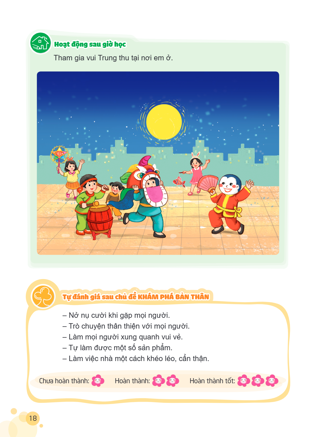 Hoạt động sau giờ học Tham gia vui Trung thu tại nơi em ở. Tự đánh giá sau chủ đề KHÁM PHÁ BẢN THÂN Nở nụ cười khi gặp mọi người. - Trò chuyện thân thiện với mọ
