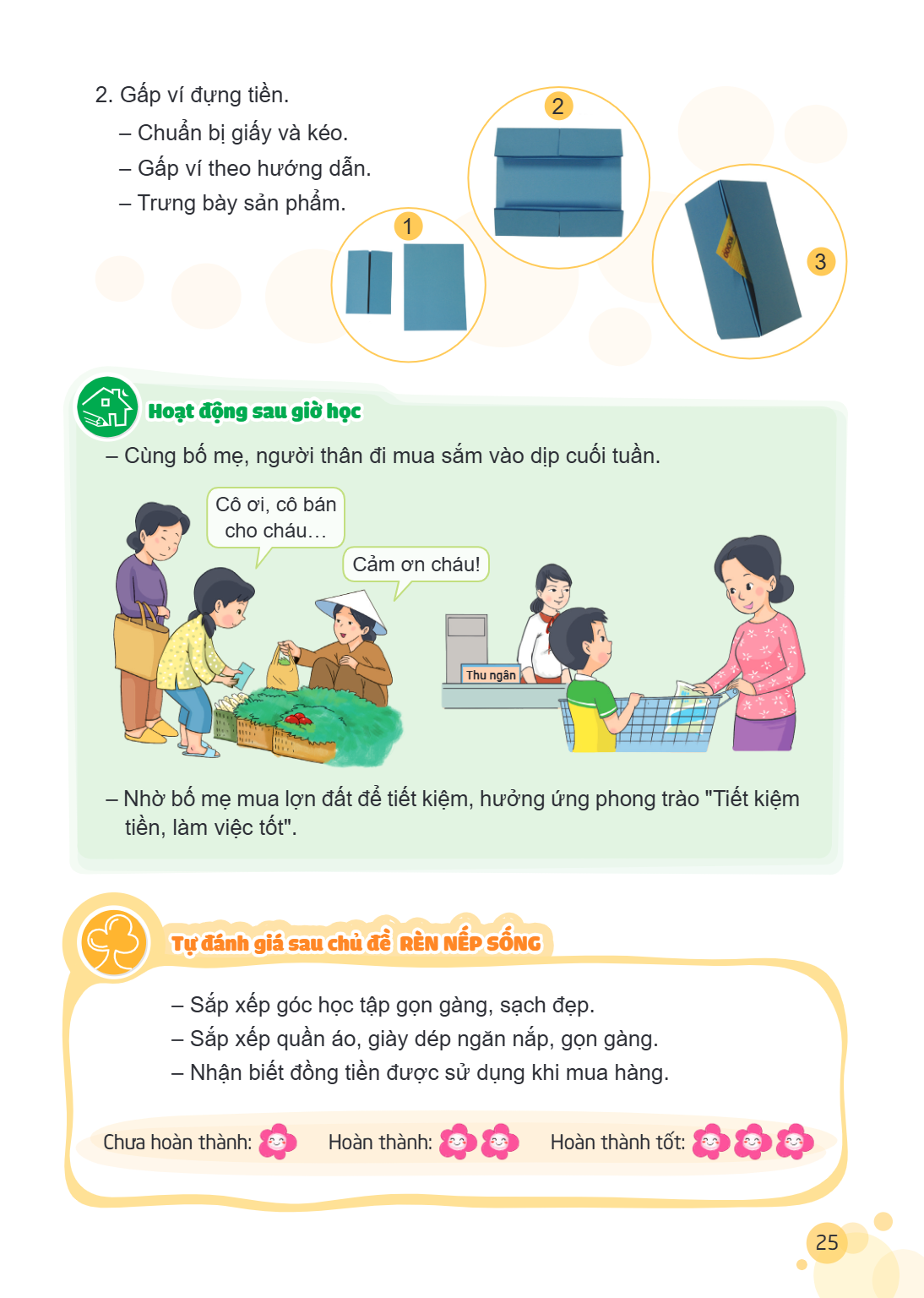 Gấp ví đựng tiền. 2 Chuẩn bị giấy và kéo. - Gấp ví theo hướng dẫn. Trưng bày sản phẩm. 1 3 Hoạt động sau giờ học Cùng bố mẹ, người thân đi mua sắm vào dịp cuối 