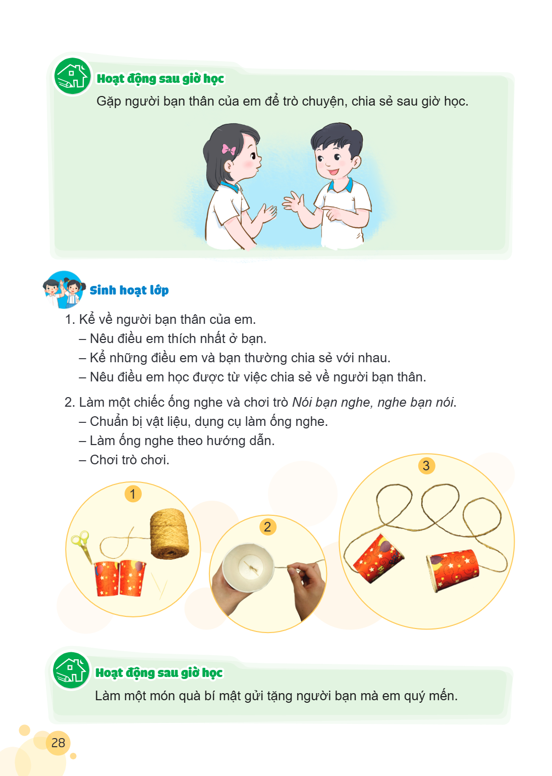 Hoạt động sau giờ học Gặp người bạn thân của em để trò chuyện, chia sẻ sau giờ học. Sinh hoạt lớp Kể về người bạn thân của em. - Nêu điều em thích nhất ở bạn. -