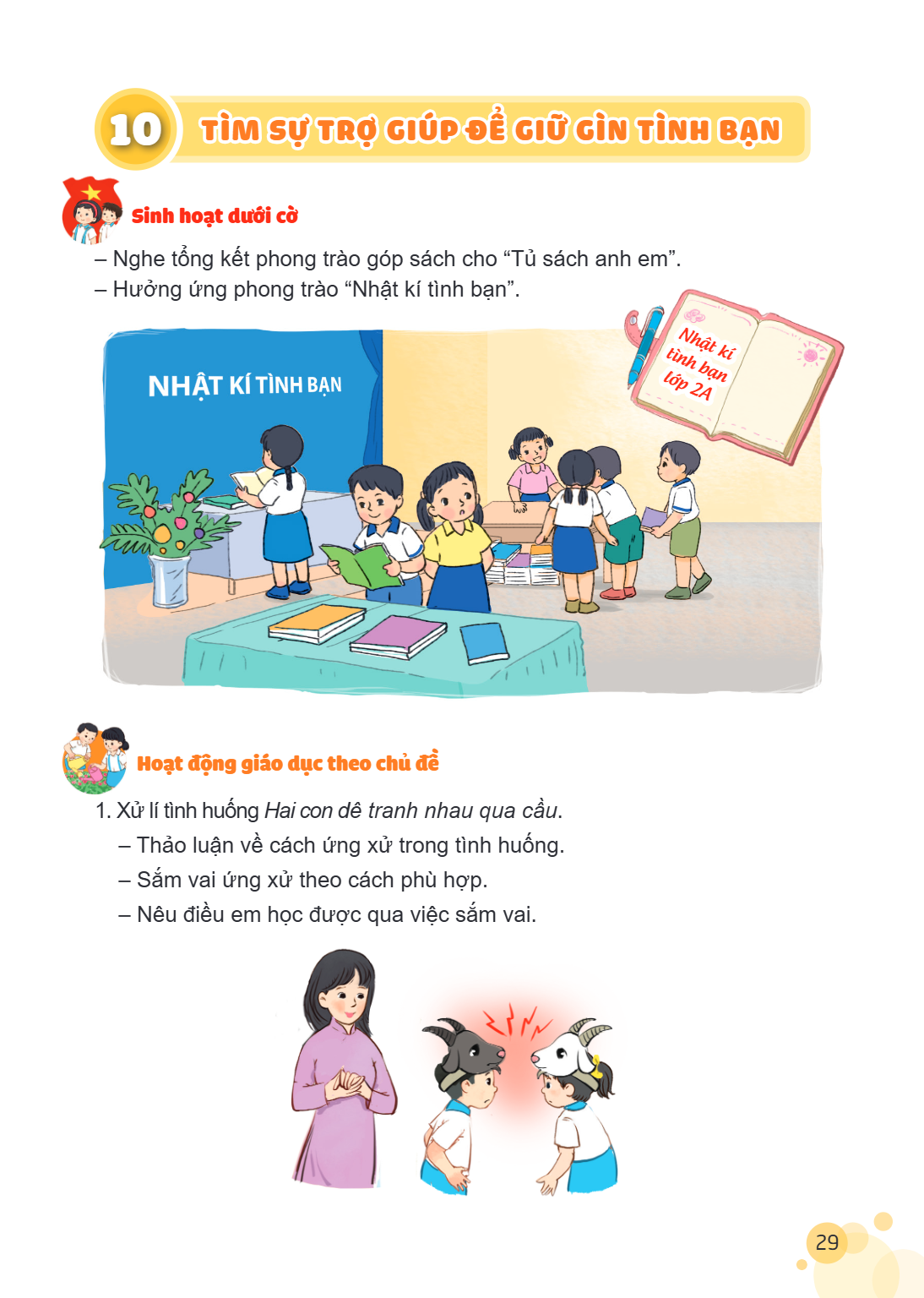 Bài 10. TÌM SỰ TRỢ GIÚP ĐỂ GIỮ GÌN TÌNH BẠN Sinh hoạt dưới cờ – Nghe tổng kết phong trào góp sách cho "Tủ sách anh em". – Hưởng ứng phong trào "Nhật kí tình bạn