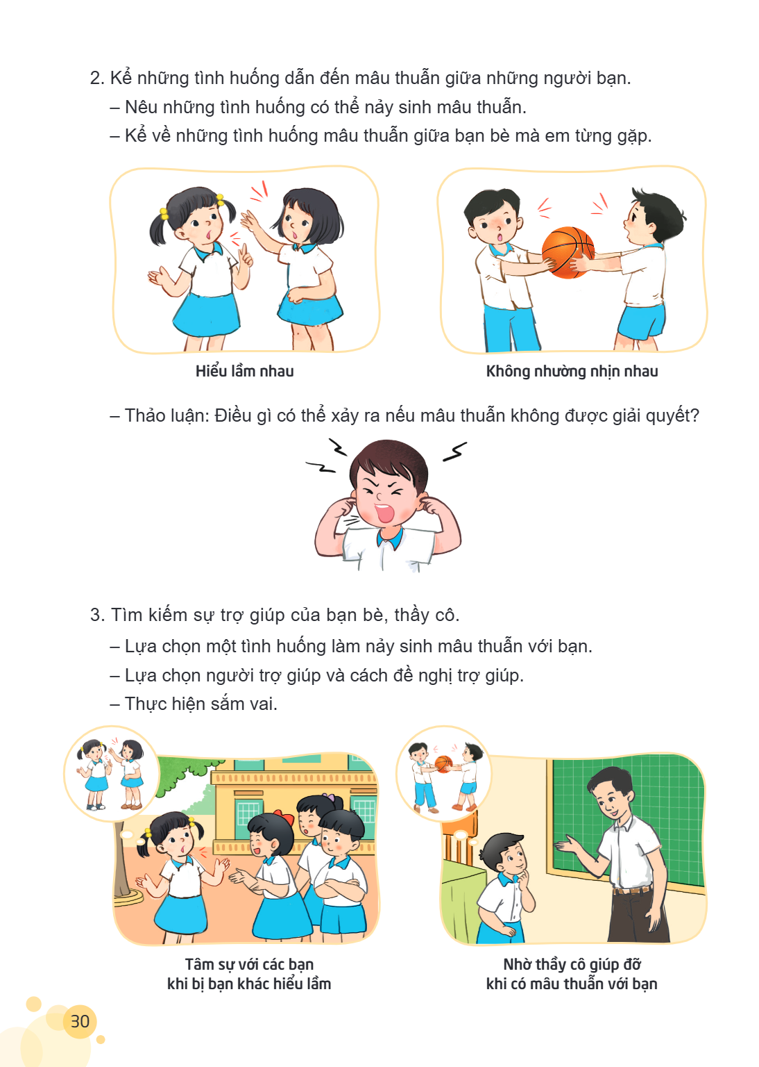 Kể những tình huống dẫn đến mâu thuẫn giữa những người bạn. - Nêu những tình huống có thể nảy sinh mâu thuẫn. - Kể về những tình huống mâu thuẫn giữa bạn bè mà 