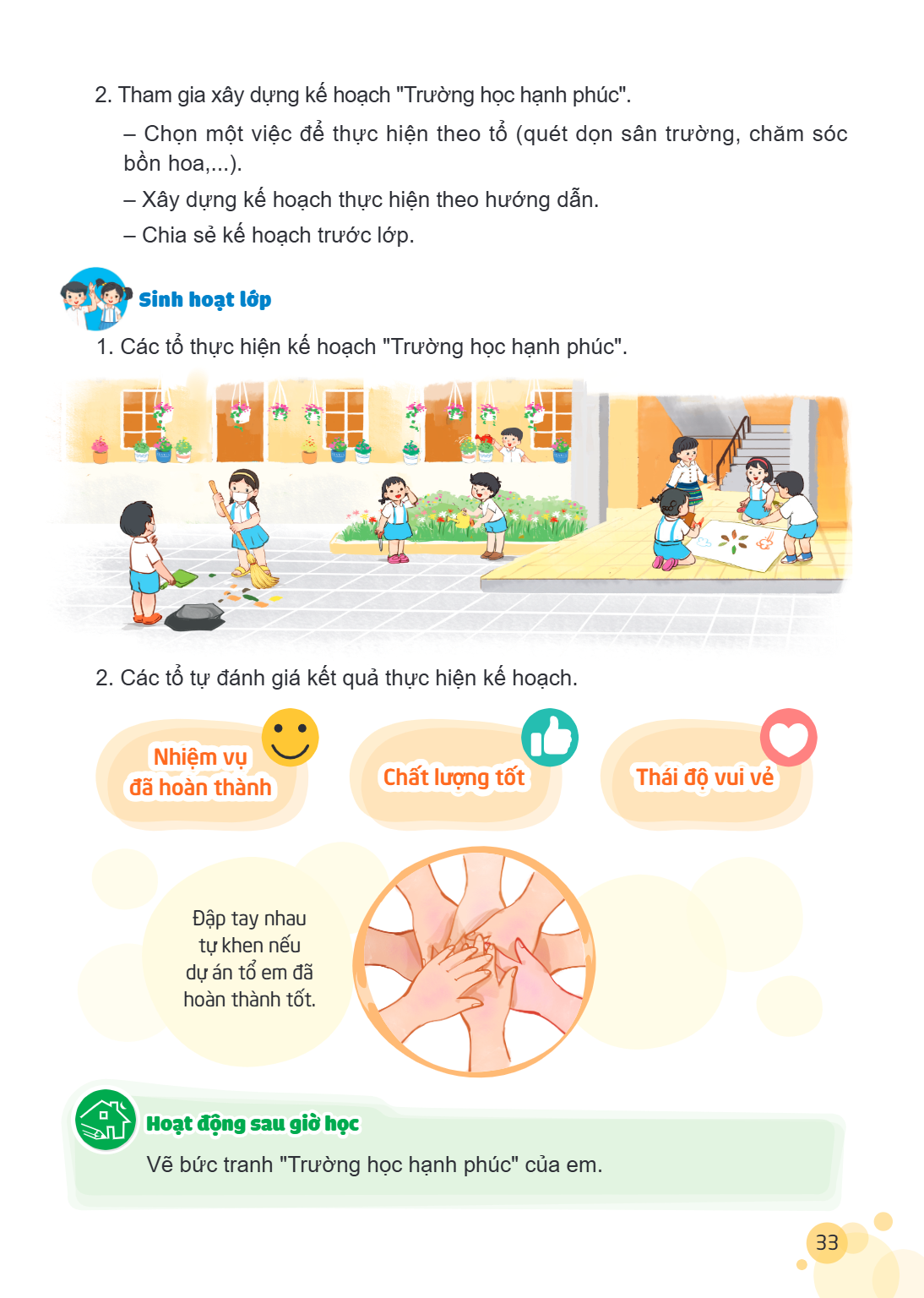 Tham gia xây dựng kế hoạch "Trường học hạnh phúc". - Chọn một việc để thực hiện theo tổ (quét dọn sân trường, chăm sóc bồn hoa,...). - Xây dựng kế hoạch thực hi