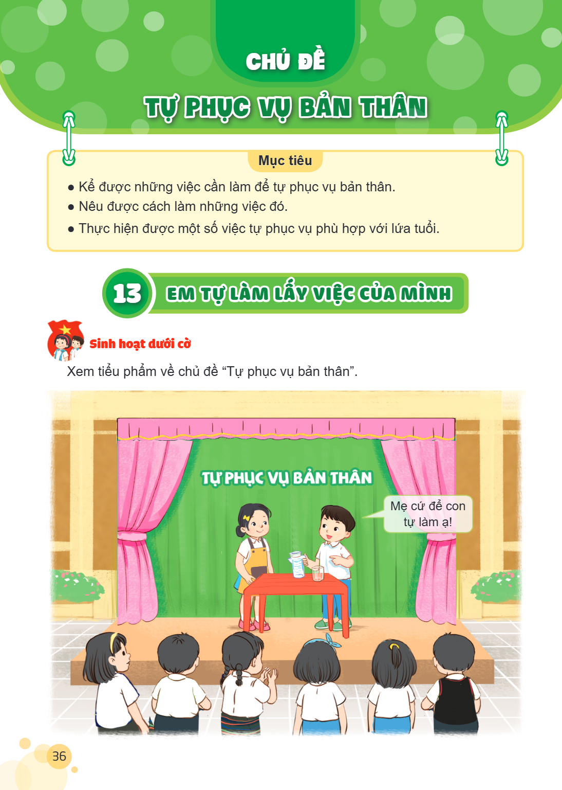 CHỦ ĐỀ TỰ PHỤC VỤ BẢN THÂN Mục tiêu Kể được những việc cần làm để tự phục vụ bản thân. Nêu được cách làm những việc đó. Thực hiện được một số việc tự phục vụ ph