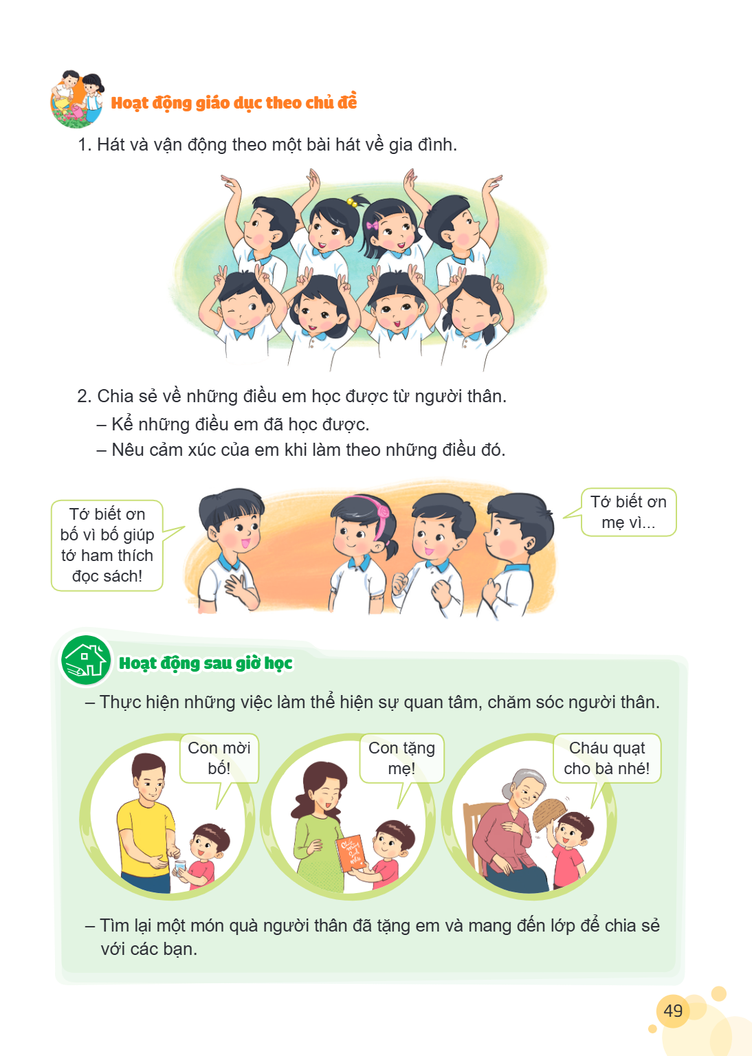 Hoạt động giáo dục theo chủ đề Hát và vận động theo một bài hát về gia đình. Chia sẻ về những điều em học được từ người thân. – Kể những điều em đã học được. – 