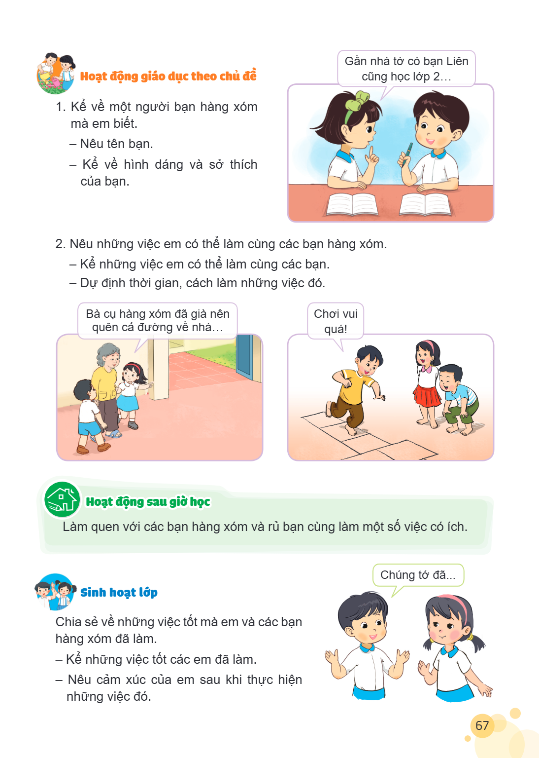 Gần nhà tớ có bạn Liên Hoạt động giáo dục theo chủ đề cũng học lớp 2… Kể về một người bạn hàng xóm mà em biết. - Nêu tên bạn. - Kể về hình dáng và sở thích của 