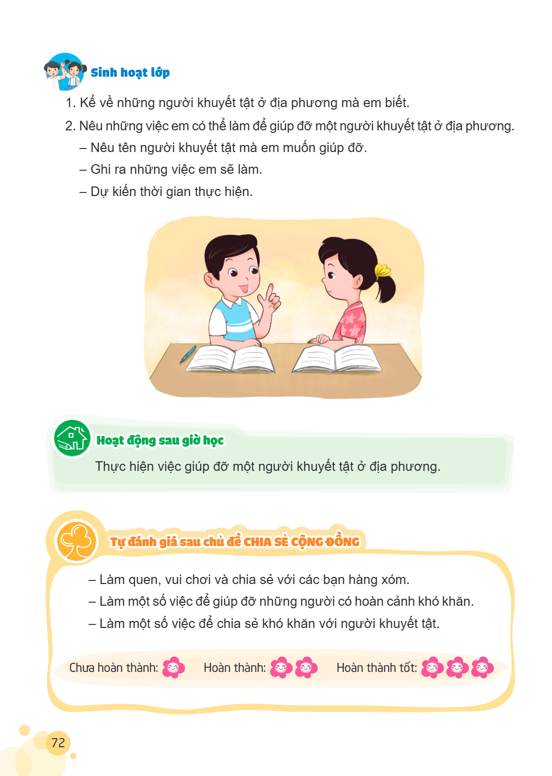 Sinh hoạt lớp Kể về những người khuyết tật ở địa phương mà em biết. Nêu những việc em có thể làm để giúp đỡ một người khuyết tật ở địa phương. - Nêu tên người k